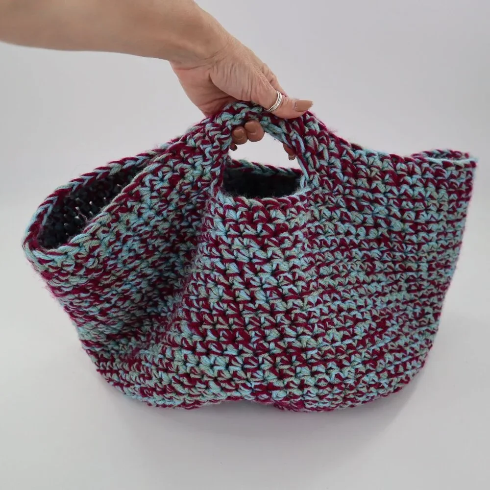 Handmade Knit Basket Bag With Handles‎ Burgundy Teal Yarn Boho Granny Cottage